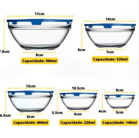 Set 5 Taper Bowl Vidrio Para Alimentos